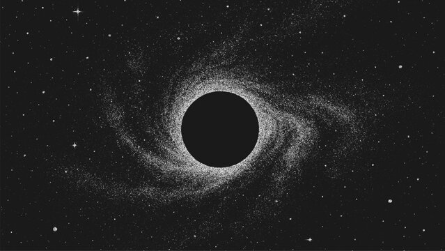 Black hole in swirling dust cloud. Space stipple vector background for science, astronomy, cosmic mystery concept.