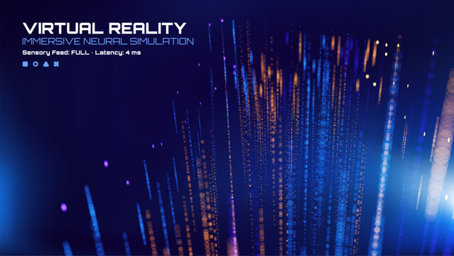 Virtual reality immersive neural simulation display. Abstract digital background with data processing for metaverse.