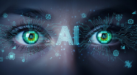 Captivating AI vision merges human eyes with futuristic circuits, symbolizing intelligent technology and digital transformation.