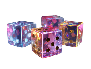  Four glowing neon gaming dice with bright edges, angled perspective 3D illustration, isolated on transparent background PNG