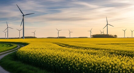 Wind Turbines Generating Clean Energy in a Yellow Rapeseed Field at Sunset.