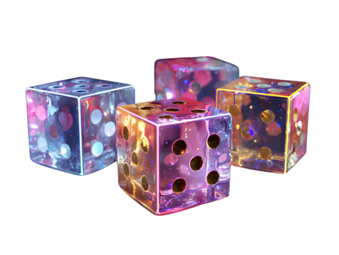  Four glowing neon gaming dice with bright edges, angled perspective 3D illustration, isolated on transparent background PNG