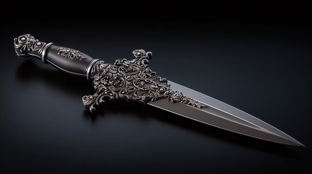 Ornate Dagger: A sleek silver dagger with an ornate handle and detailed floral design against a dark background. A blend of beauty and danger.