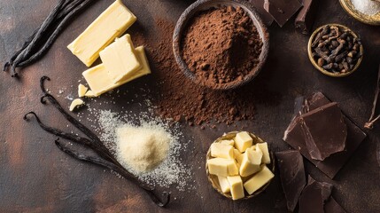 Fototapeta premium Flat lay of chocolate making ingredients with cocoa powder butter sugar and vanilla pods on rustic background for culinary concept