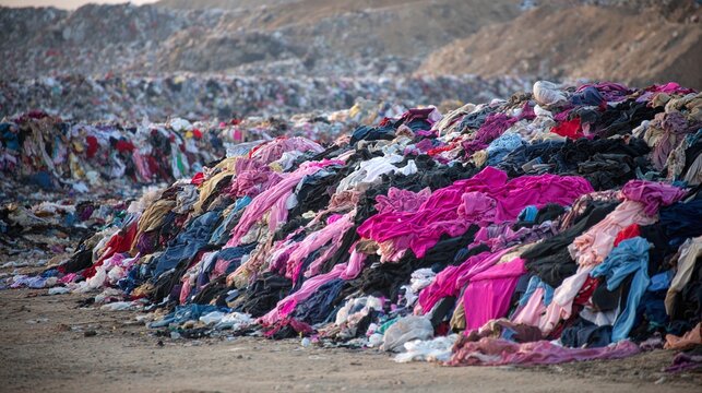 Textile waste mountain: A massive pile of discarded clothes forms an overwhelming symbol of overconsumption and environmental concern. Fast fashion impact.