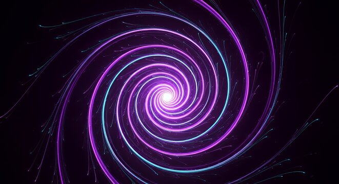 Hypnotic glowing spiral of purple and blue neon light trails on a dark background, abstract motion pattern with futuristic and cosmic vibe, perfect for technology, energy, or sci-fi themed designs. - Powered by Adobe