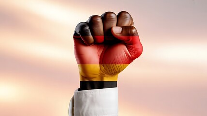 Fist painted with german flag colors raised high