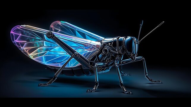 A close-up, detailed, futuristic metallic grasshopper with iridescent, crystalline wings against a dark background. - Powered by Adobe