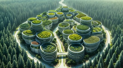 futuristic circular city with green roofs surrounded by forest for eco urban design or architecture projects