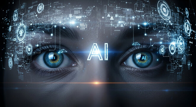Future of intelligence unfolds as AI vision connects with complex digital circuits, revealing human insight within technology.