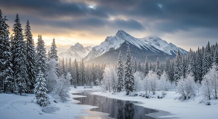 Fototapeta premium Snowy mountain landscape with ice covered river, snow-covered trees, with a dramatic sky and mountain views in the background.