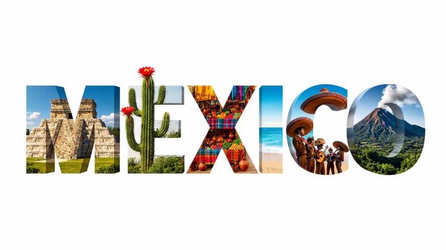 Mexico 3D Landscape Text - The word "MEXICO" is depicted in 3D lettering, with each letter filled with iconic video representing the country's diverse landscapes, culture, and landmarks.