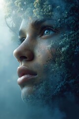 Fototapeta premium A woman's face with trees growing out of her head