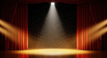 Spotlight illuminating a stage with falling confetti and red curtains