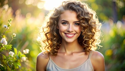 Happy Young Woman with Curly Hair Outdoors in Sunlight.