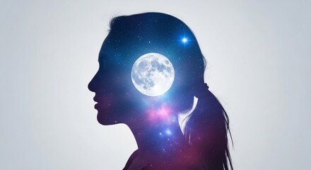 Silhouette of a woman's head in profile with a full moon and starry night sky representing thoughts, dreams, and the universe within.
