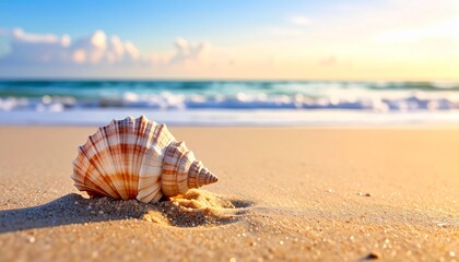 Seashell on Sandy Beach at Sunrise Summer Vacation.