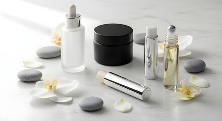 Elegant skincare set on white marble with frosted glass, silver tubes, and black jars. Surrounded by orchids and stones, it evokes a serene spa mood—ideal for wellness, beauty, and luxury branding.