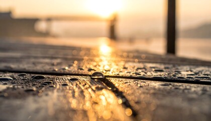 Dewy wooden table at sunrise