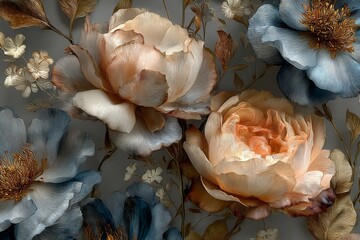 Elegant, delicate background pattern with branches of roses, camellias and dotted with peony, delicate little wildflowers for wedding invitations, birthday invitations, greeting cards