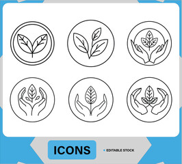 Eco-Friendly Hand and Leaf Icons Set Green Nature Care Icons in Line Art Style for Eco Sustainable Nature and Leaf Hand Icons