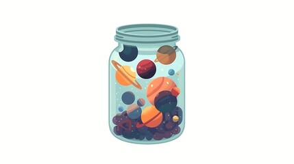 A whimsical illustration of planets and stars contained within a glass jar, evoking a sense of cosmic wonder.
