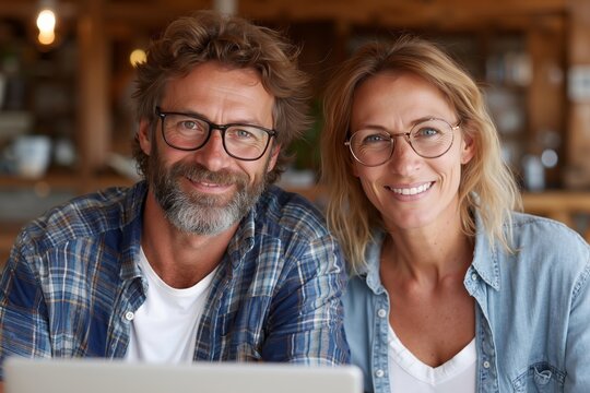A man and a woman sitting at a table with a laptop - Powered by Adobe