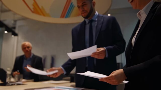 Entrepreneurs collaborate around a table analyzing colorful charts and graphs for initial capital budget projections in a modern office setting.