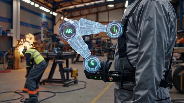 Worker in a futuristic exoskeleton body suit with holographic augmented reality interface aiding in industrial processes, standing next to a colleague welding in a manufacturing facility