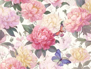 Elegant watercolor peonies background. Dreamy Floral Print. Indulge in timeless elegance with exquisite Floral Toile De Jouy Seamless Pattern. Pastel color, pastel tone	
