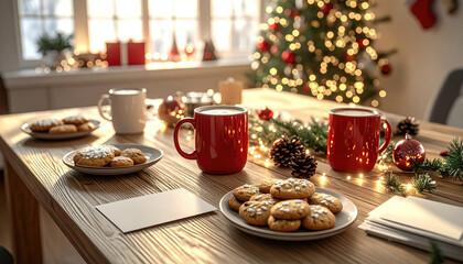 Obraz premium Cozy Christmas Setting with Cookies and Warm Beverages on Table