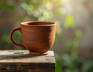 Mockup de taza arcilla sobre fondo rústico, iluminación suave, estilo minimalista, espacio en blanco para diseño personalizado