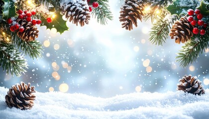 Classic Christmas Scene with Snowy Background and Frosted Branches