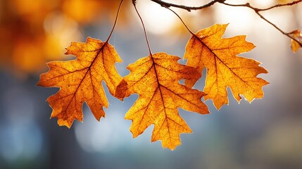 Fototapeta premium Autumn Leaves: Three vibrant oak leaves hanging from a branch, bathed in warm light against a bokeh background. Seasonal beauty at its peak.
