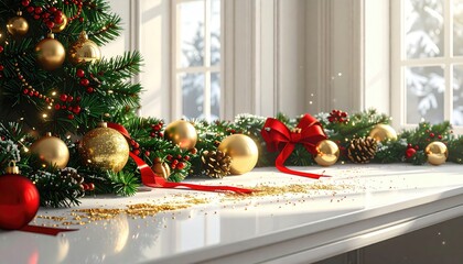 Festive Holiday Office Desk Scene with Evergreen Decor and Ornaments