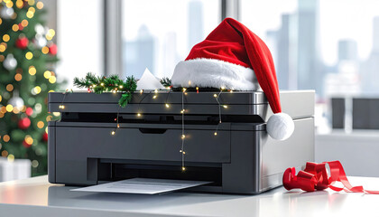 Festive Office Printer Decorated for Christmas with Santa Hat and Lights