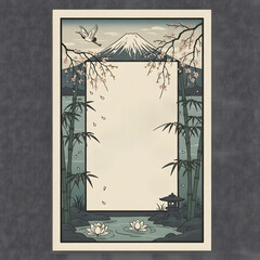 Japanese landscape scene with mountains, cherry blossoms, and water lilies  