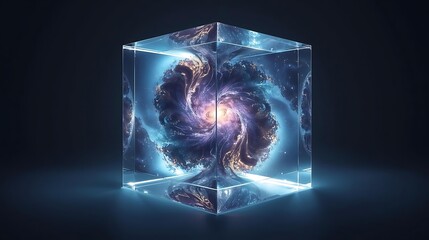 A swirling galaxy contained within a glowing, transparent cube, set against a dark background.