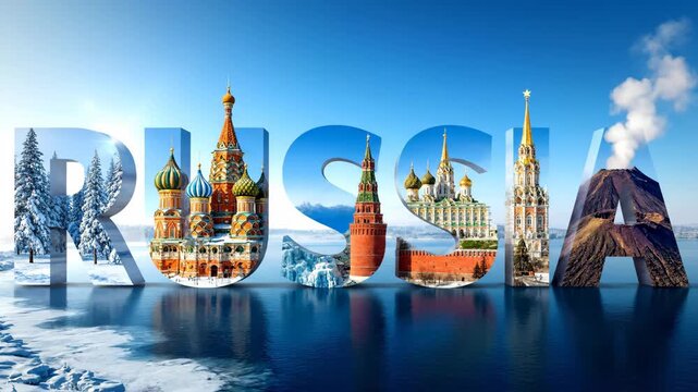 Russia: Iconic Landmarks and Landscapes - A 3D video of the word "RUSSIA" with each letter filled with iconic Russian landmarks and diverse landscapes, reflecting the beauty and vastness of the