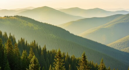 Golden Hour Light Bathes Layered Forested Mountains in a Hazy Glow