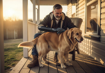 Man with Prosthetic Arm Pets Golden Retriever