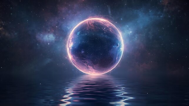 A glowing, ethereal orb hovers over a reflective surface, set against a backdrop of a cosmic nebula.