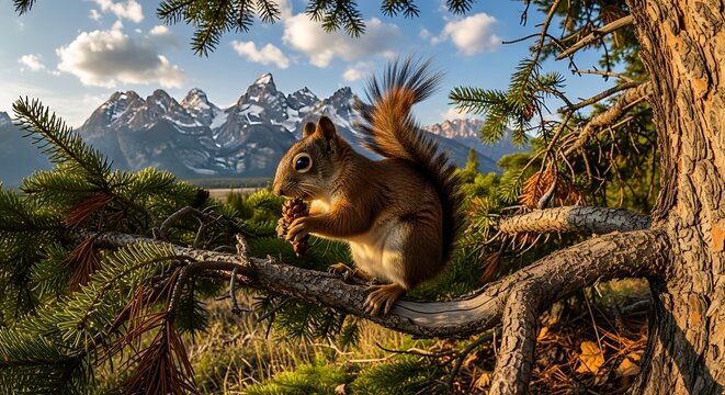Squirrel enjoying a nut on a branch with mountain backdrop. - Powered by Adobe