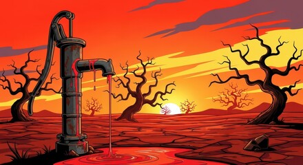 Arid Wasteland Sunset with Rusty Water Pump and Dead Trees