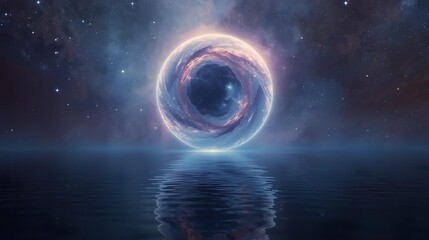 A swirling vortex of cosmic energy, resembling a portal or gateway, floats above a calm body of water under a starry sky.