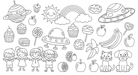 Obraz premium Whimsical collection of cartoon elements including children, pets, space objects, and sweet treats for creative projects