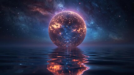 A glowing orb of cosmic energy hovers over a calm body of water, reflecting the starry nebula in the background.