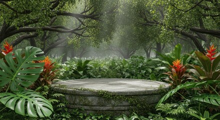 Enchanted Forest Sanctuary Scene with Ancient Pedestal Surrounded by Lush Tropical Foliage and Flowers Illuminated by Sunbeams