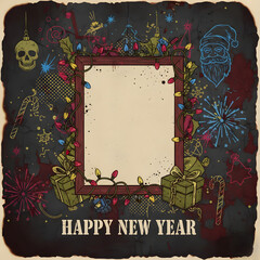 New Year decorative frame with colorful ornaments and gifts