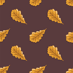 Obraz premium Oak tree leaves seamless pattern on brown background. Autumn season flat vector illustration for wallpaper, textile, fabrics